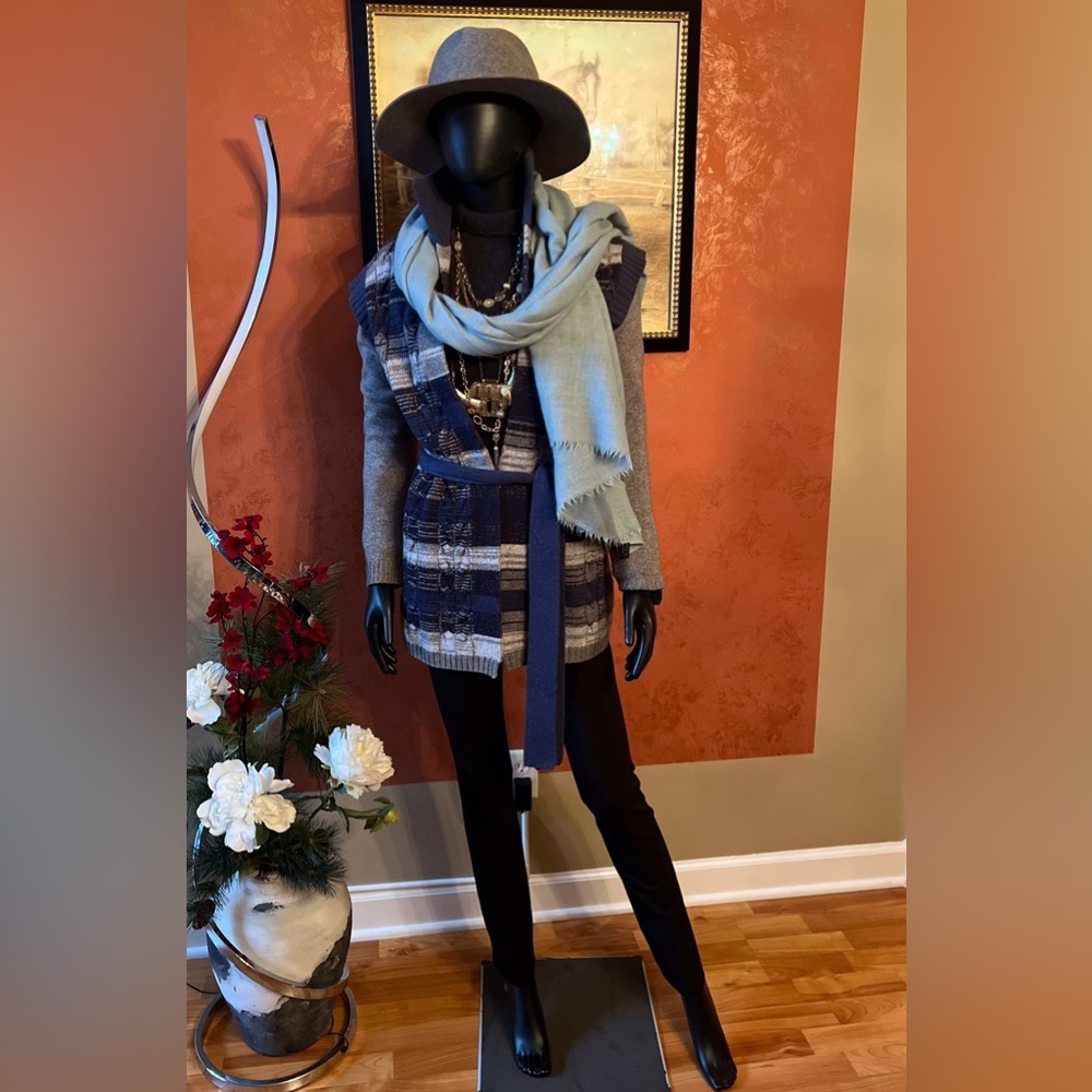 Vince Striped Knitted Cardigan with plain Gray sleeves and belt